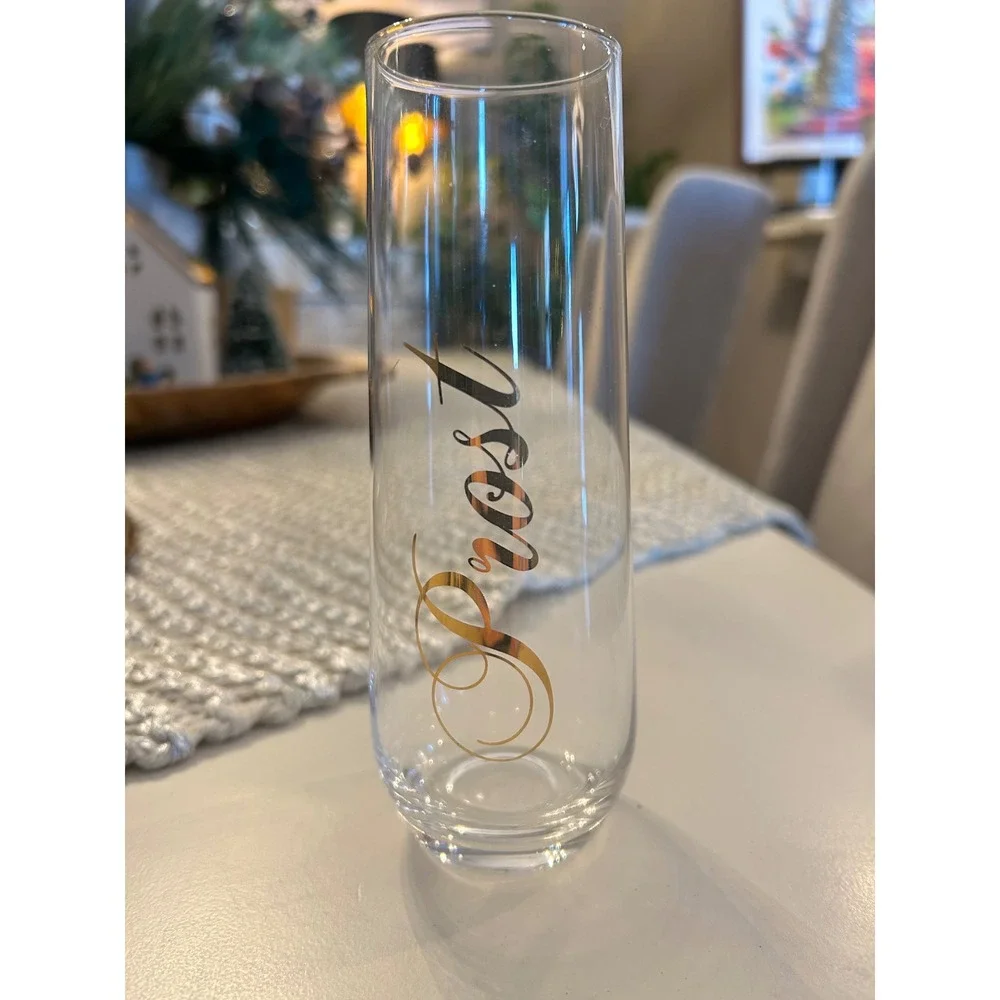 Set of 6 Stemless Champagne Flutes Gold Script International Toasts Cheers Santé